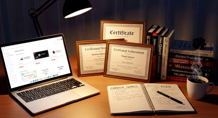 Composite image of laptop and books on a desk in officeの素材