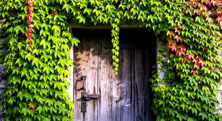 Old wooden door with ivy on the wall in the garden.の素材