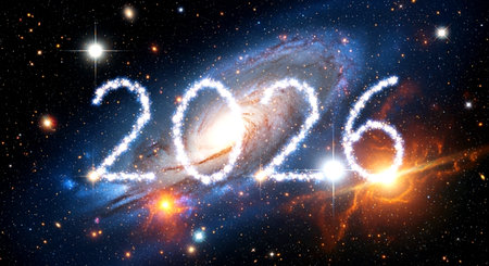 New Year 2016 with fireworks and stars. New Year 2016 in space.の素材