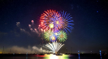 Colorful fireworks in the night sky over the sea with boats and shipsの素材