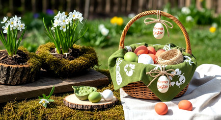 Easter basket with painted eggs and narcissus flowers in a gardenの素材