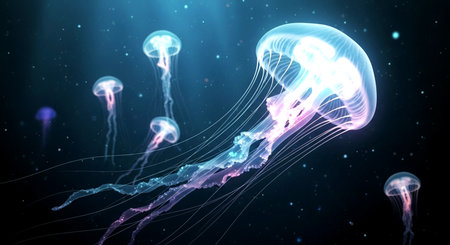 Jellyfish swimming in the sea. 3D Rendering.の素材
