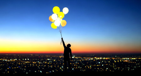 Silhouette of a man holding balloons against the background of the cityの素材