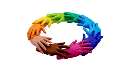 Group of colorful hands isolated on white background. 3d rendering.の素材