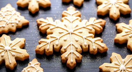 Christmas cookies in the form of snowflakes on a wooden backgroundの素材