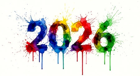 Happy new year 2016 colorful watercolor paint splatters on white backgroundの素材