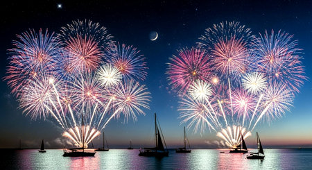 Colorful fireworks of various colors over the sea and the night skyの素材