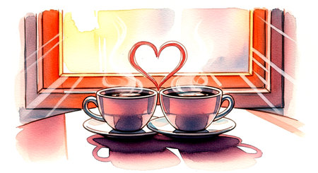 Two cups of coffee with heart shape on windowsill. Watercolor illustrationの素材