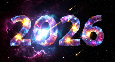 New Year 2016 in space with stars and nebula. 3D renderingの素材