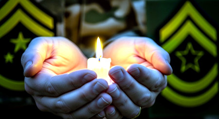 A closeup shot of a soldier's hands holding a lit candleの素材