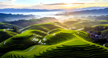 Green Terraced Rice Field in Mu Cang Chai, YenBai, Vietnamの素材