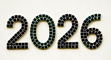 New year 2016 made of ceramic tile on a white wall background.の素材