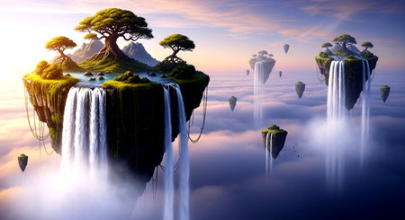 Fantasy landscape with a bonsai tree in the middle of the fogの素材