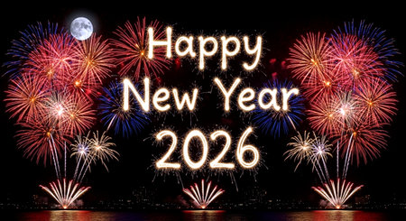 Happy new year 2016 written with Sparkle firework over night sky backgroundの素材