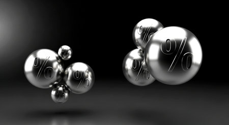 3d illustration of percentage sign over black background with metallic spheres.の素材