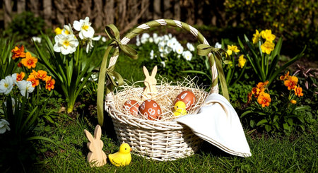 Easter eggs in a basket on a background of spring flowers.の素材