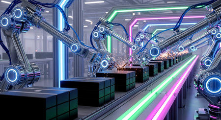 3D rendering of a robot in a futuristic space with neon lightsの素材