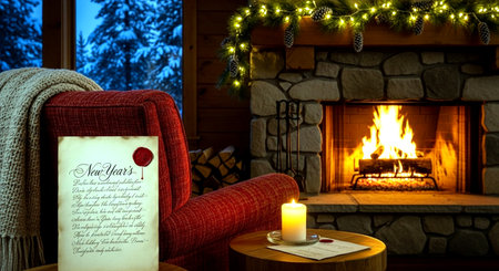 Romantic evening in a cozy home with a fireplace and armchairの素材