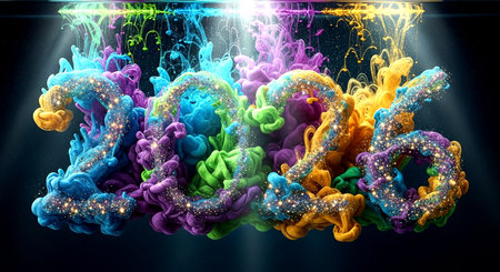 New year 2016 made of colorful paint splashes. 3D renderingの素材