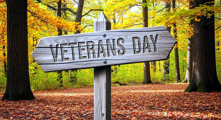 Wooden signpost in autumn forest showing the way to Veterans Dayの素材