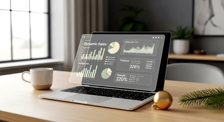 laptop with financial charts and graphs on screen. 3d rendering.の素材