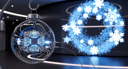 3D rendering of a Christmas ball with an electronic circuit in the backgroundの素材