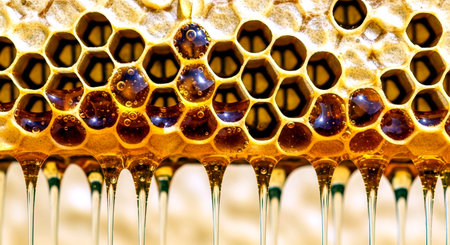 Close up view of honeycombs in hexagonal honey cells.の素材