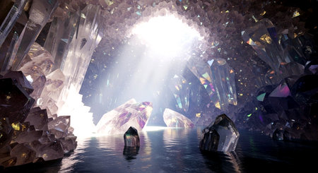 Surreal scene with crystal and light. 3d render illustration.の素材
