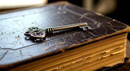 Old key on a bible, shallow depth of field, selective focusの素材