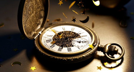 Old pocket watch with gold stars and confetti on a dark backgroundの素材