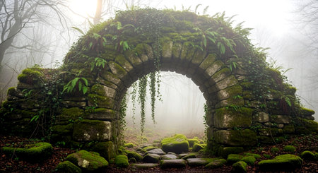 Old stone arch in the foggy forest with moss and fernsの素材