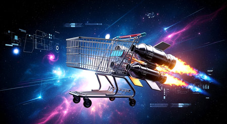 Shopping cart with rocket in space. 3D rendering and illustrationの素材