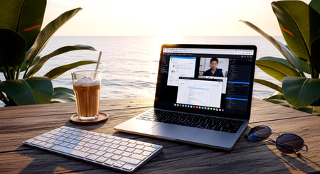 Digital composite of Laptop with coffee and notebook on the beach.の素材