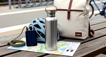 A backpack, a bottle of water and a map on a wooden tableの素材