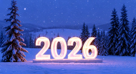 Happy new year 2016 written in the form of a neon sign in the winter forestの素材