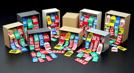 Boxes with sale tags on black background. 3D illustration.の素材