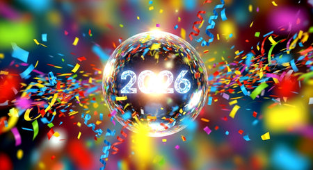 Happy New Year 2020 in crystal ball and confetti. Vector illustration.の素材