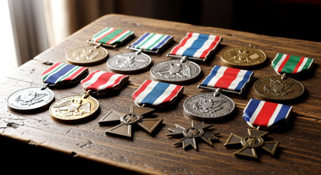 Medals of the Great Patriotic War on a wooden table.の素材
