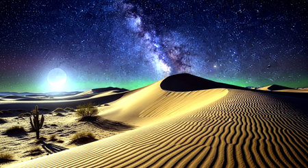 Desert landscape with starry sky and milky way. 3d renderingの素材