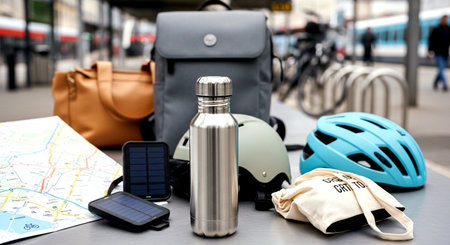 Traveler's accessories on the table in the city. Travel conceptの素材