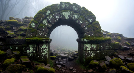 Mysterious stone arch with green moss in foggy forest.の素材