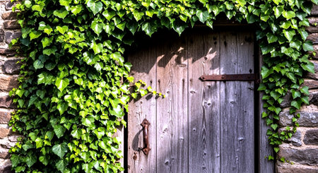 Old wooden door with green ivy on the wall. Natural backgroundの素材