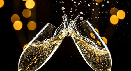 two champagne glasses with bokeh background, celebration and new year conceptの素材