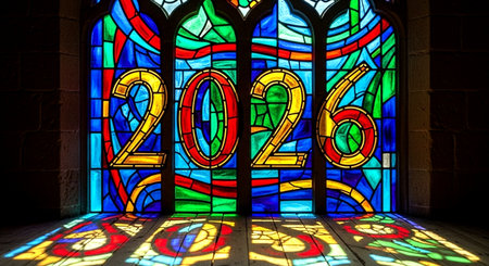 Colorful stained glass window in Cathedral of Notre Dame de Paris, Franceの素材