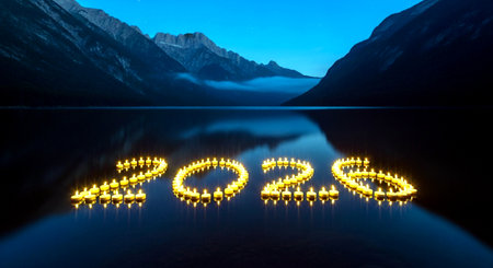 Happy New Year 2019. Happy New Year greeting card. Festive decoration on the lake.の素材