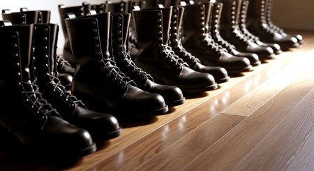 Black women's boots in a row on a wooden floor. 3d renderingの素材