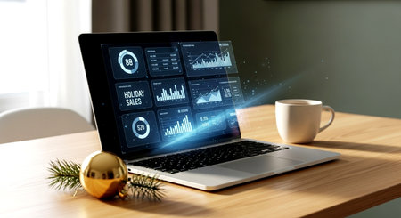 Laptop screen with financial charts and graphs on it. 3d renderingの素材