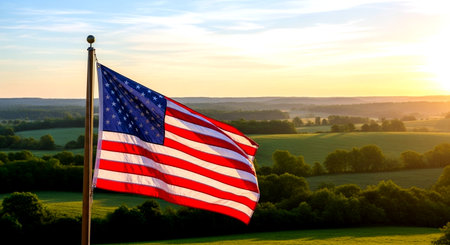American flag waving in the wind on a background of green fields.の素材