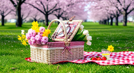 Picnic basket with spring flowers on the green grass in the parkの素材