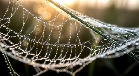 Close up of dew drops on spider web with sunrise background.の素材